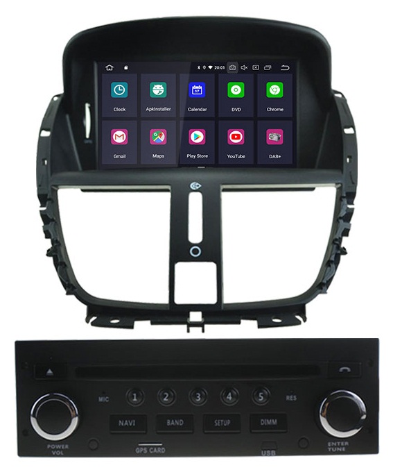 Autoradio full tactile GPS Bluetooth Android & Apple Carplay Peugeot 206+,  207, 207 CC, 207 SW + caméra de recul